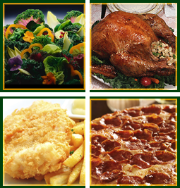 Fried Fish, Baked Turkey, Salad, Pizza Fried Fish, Baked Turkey, Salad, Pizza